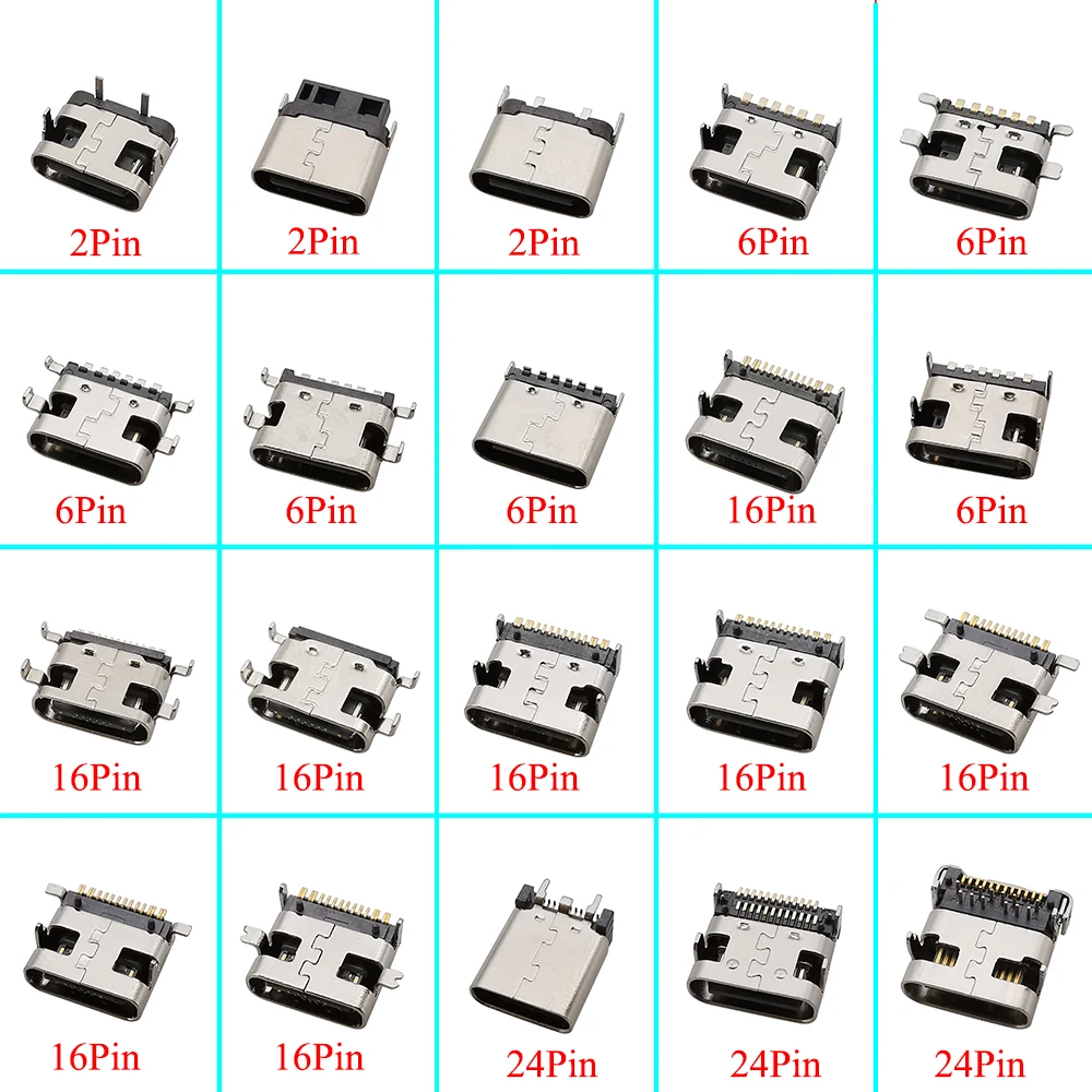 10 Uds conector USB tipo C conector hembra 2/6/16/24Pin SMD SMT tipo C puerto de carga para soldadura PCB adaptador de reparación DIY