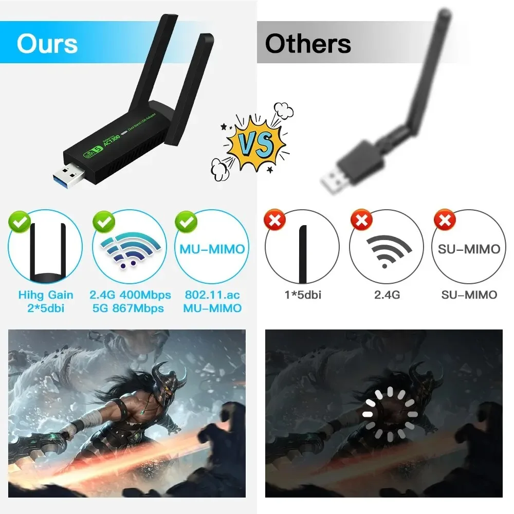 Adaptador WiFi de 1300Mbps, tarjeta de red USB 3,0, banda Dual, 2,4G/5GHz, Bluetooth 4,2, transmisor receptor inalámbrico para ordenador portátil y de escritorio - imagen 3