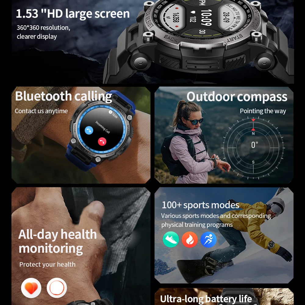 696 relojes inteligentes para deportes al aire libre para hombres, reloj inteligente con llamada de diente azul de 1,53 pulgadas, brújula para mujeres, monitoreo de salud durante todo el día para dormir a prueba de agua - imagen 3