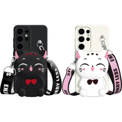 Para Samsung Galaxy A12 A11 A71 A51 A52 A22 A02s A32 A13 A53 A03s A04s A20s A33 A73 A23 Funda tipo billetera con gato de la suerte con cuerda