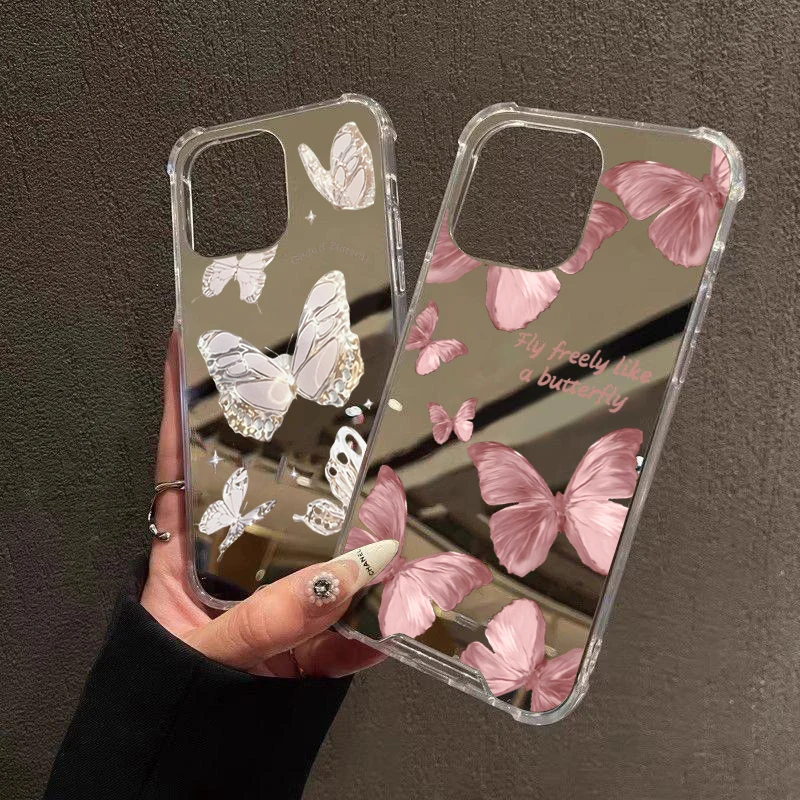 Funda de teléfono con espejo de mariposa rosa para iPhone 16 15 14 13 12 11 Pro Max XS X XR 7 8 Plus SE espejo de maquillaje cubierta suave a prueba de golpes