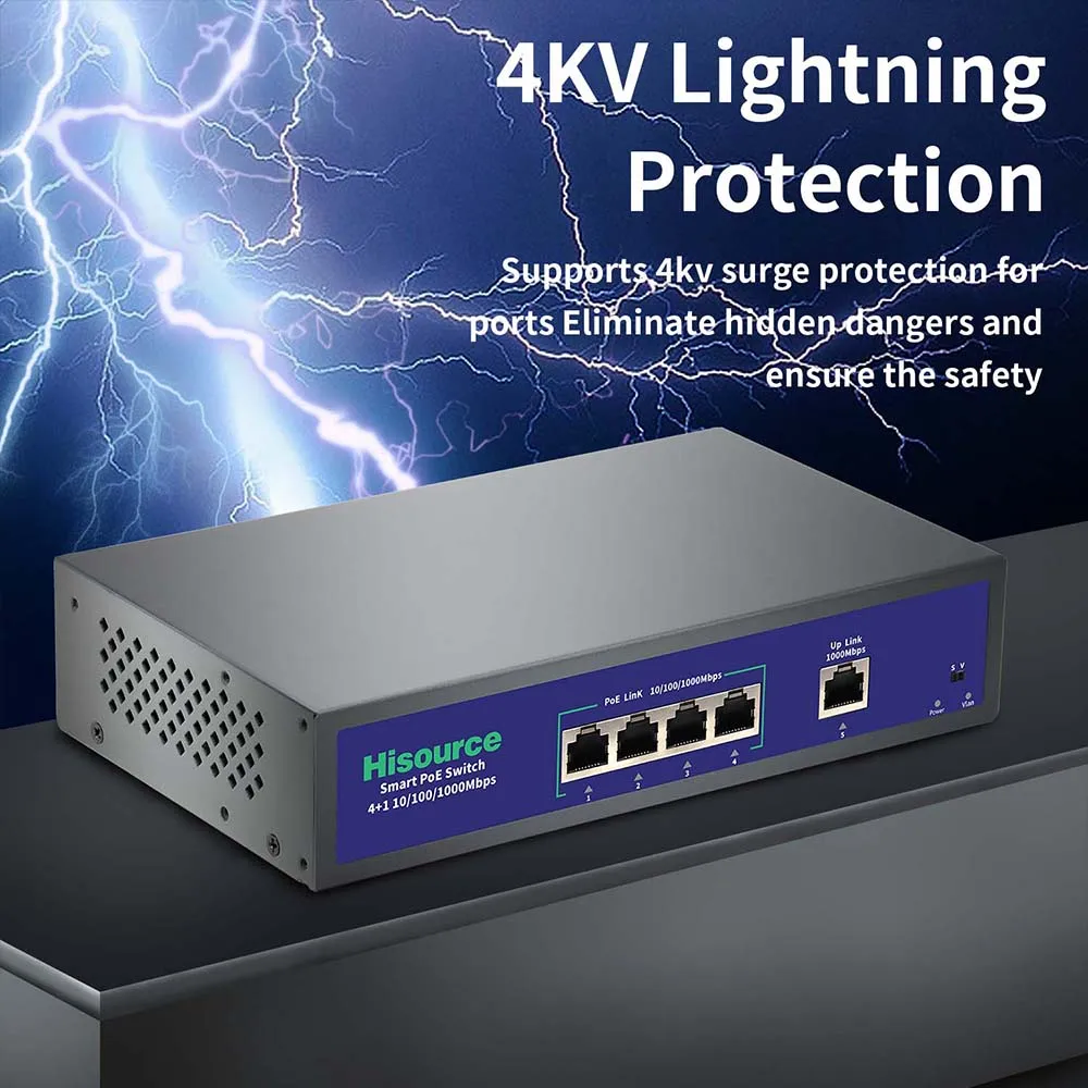 Hisource Conmutador POE Gigabit de 4 puertos Conmutador de red activo de 48 V con puerto de enlace ascendente de 1 * 1000 Mbps para IPC/AP inalámbrico - imagen 4