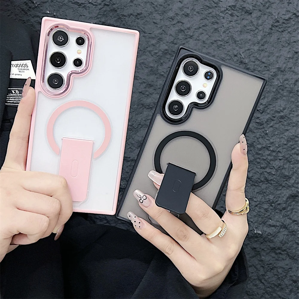 Funda de teléfono con soporte plegable Magsafe, mate, translúcido de lujo, para S25, Samsung, S25, S24, S23Plus, funda trasera de carga Ultra inalámbrica - imagen 3