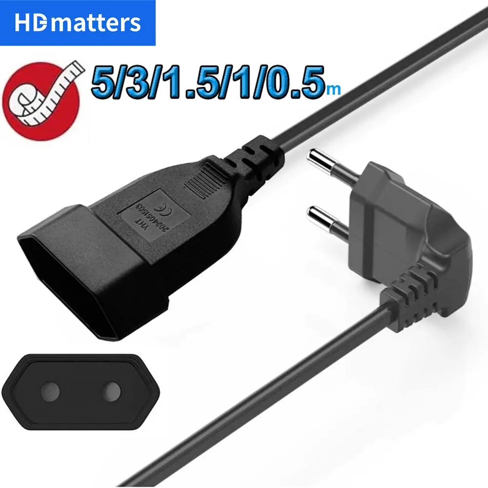 Cable de extensión de alimentación europeo en ángulo, 2 clavijas macho a hembra, extensor de puerto de ahorro de toma de corriente de la UE