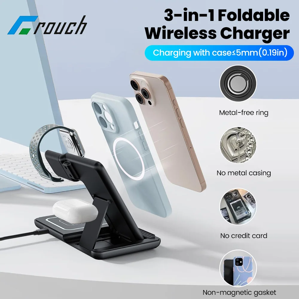 Cargador inalámbrico plegable 3 en 1 QC3.0 magnético 15W cargador de teléfono inalámbrico de carga rápida para iphone teléfono reloj auriculares