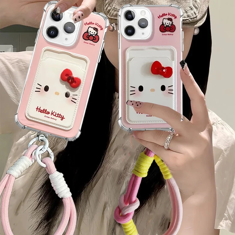 Funda con tarjetero y lazo de Hello Kitty 3D para iPhone 17 PRO MAX Air 16 15 14 12 11 Pro Max Plus Mini 16e
