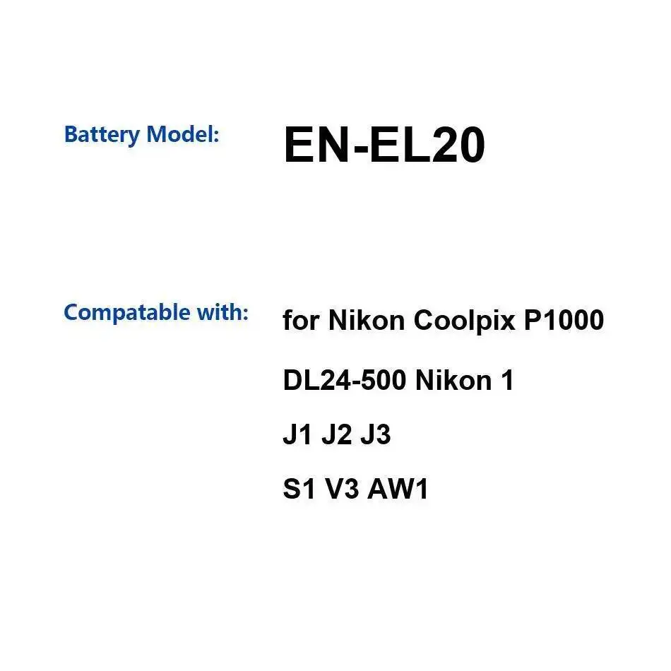Para Nikon Coolpix P1000 DL24-500 1 J1 J2 J3 S1 V3 AW1 batería de cámara de alta compatibilidad EN-EL20 1020Mah