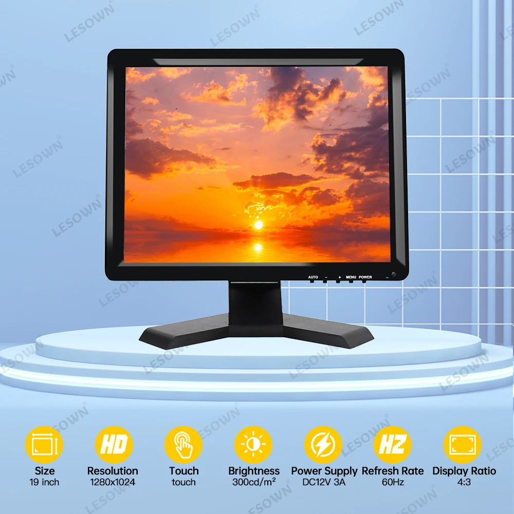 LESOWN-Monitor VGA CCTV de 19 pulgadas, 1280x1024, alta resolución, 4:3, pantalla ancha IPS, pantalla táctil USB con altavoces, carcasa de plástico - imagen 5