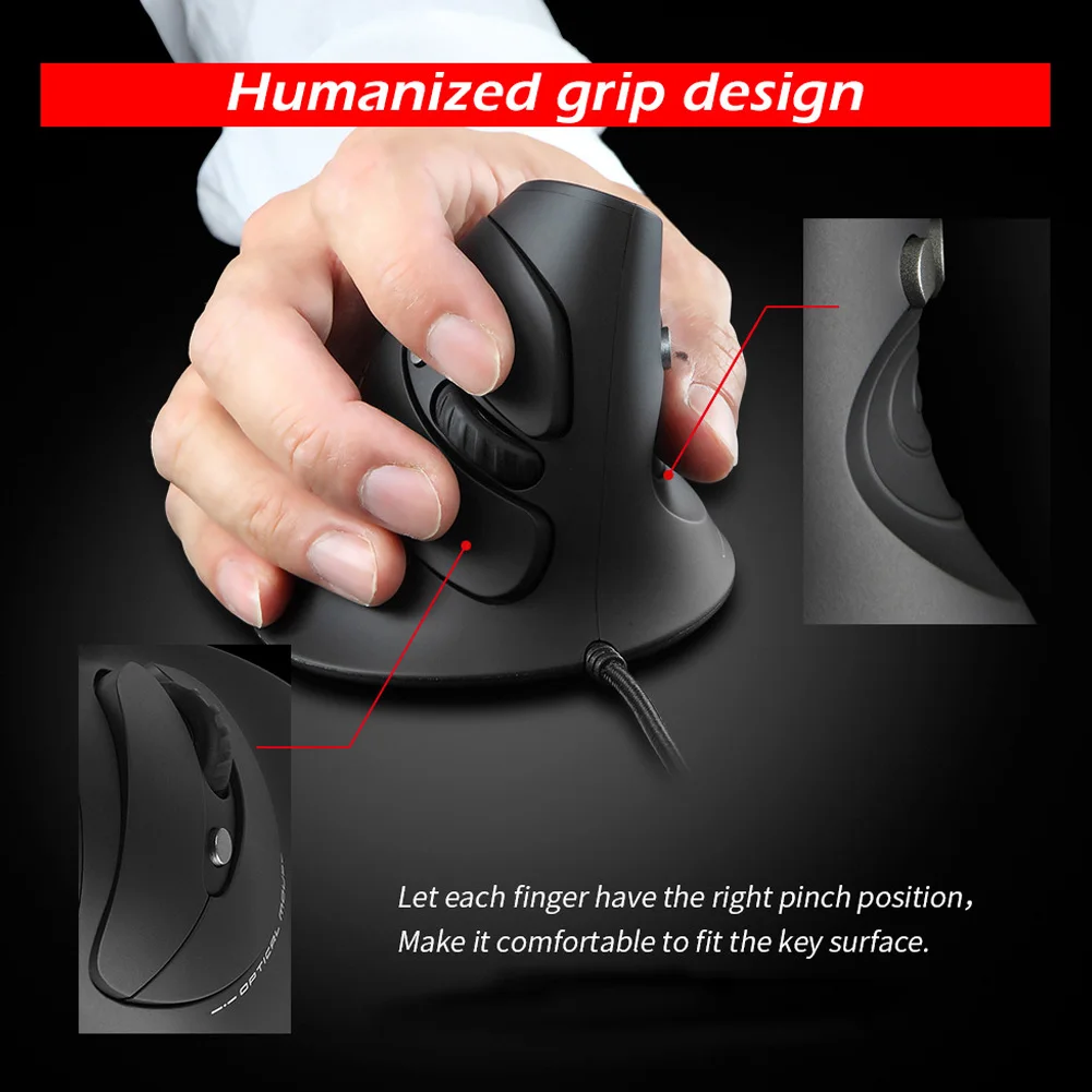 ZELOTES-ratón Vertical para juegos, periférico con cable Vertical, 6 botones, LED, 3200DPI, ergonómico - imagen 3