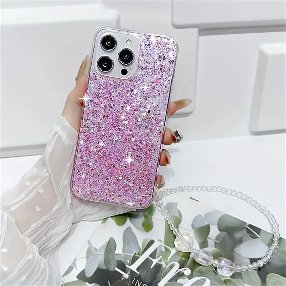 Funda de teléfono con purpurina y pulsera de corazón de cristal para iPhone 16 15 11 12 13 14 Pro Max X XR XS Max 7 8 Plus SE 2020, funda de silicona suave - imagen 5