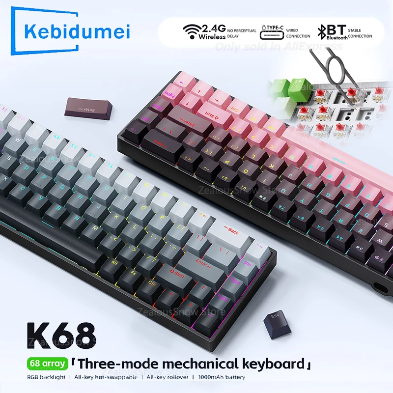    Teclado mecánico K68, teclado retroiluminado RGB de 2,4G, trimododo, Bluetooth 5,1/inalámbrico/cableado, teclado intercambiable en caliente para jugadores de PC