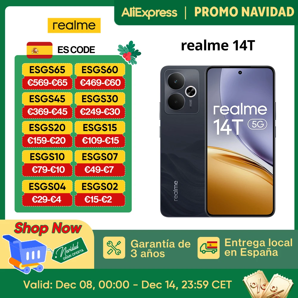 Versión global realme 14T Smartphone 5G MediaTek Dimensity 6300 Pantalla OLED de 6,67» Batería de 6000mAh Next AI Resistencia al agua IP69