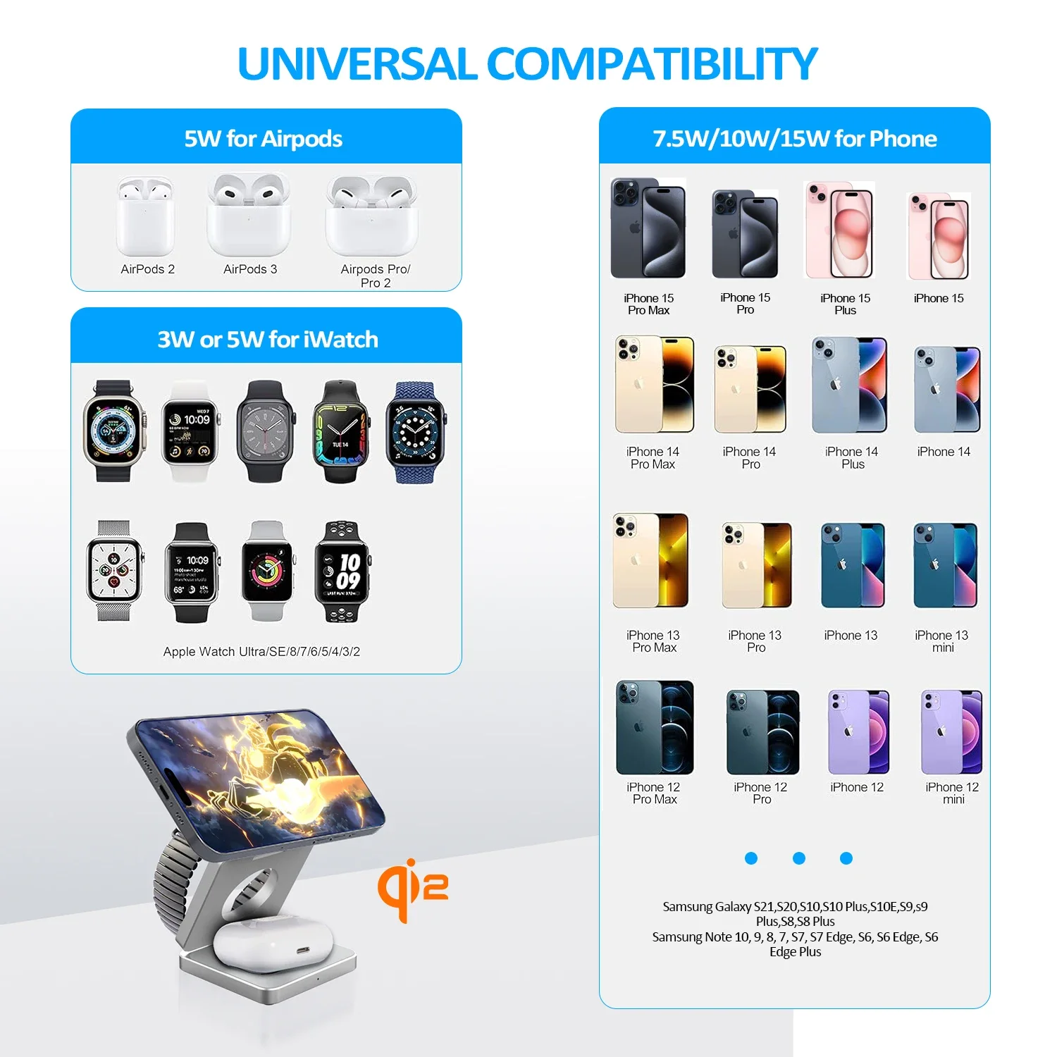 Cargador inalámbrico magnético Qi2 3 en 1 de 15W para Iphone 16 15 14 13 carga rápida plegable para Apple Watch Airpods cargador inalámbrico - imagen 2