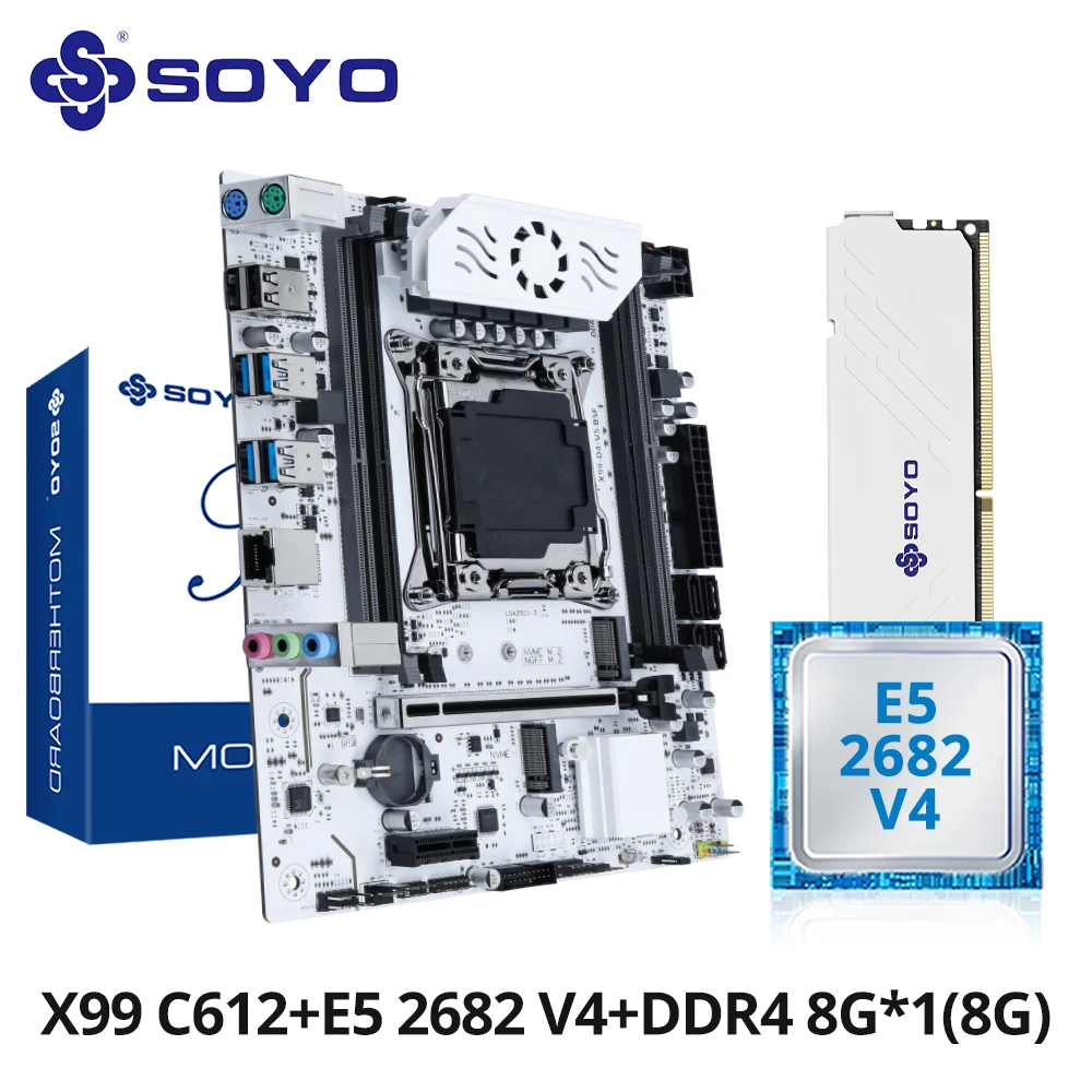 Kit de placa base de chipset SOYO X99 C612 Pin TPM2.0 con CPU Xeon E5-2682 V4 y 8GB(1x8GB) DDR4 2133MHz RAM M.2 NVME para PC para juegos