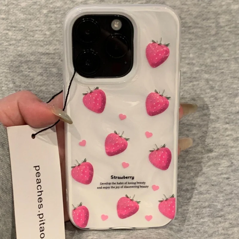 Fundas de teléfono con textura de fresa rosa para IPhone 16 Pro 15 13 12 11 14 Pro Max, funda protectora a prueba de golpes para chica encantadora, verano - imagen 4