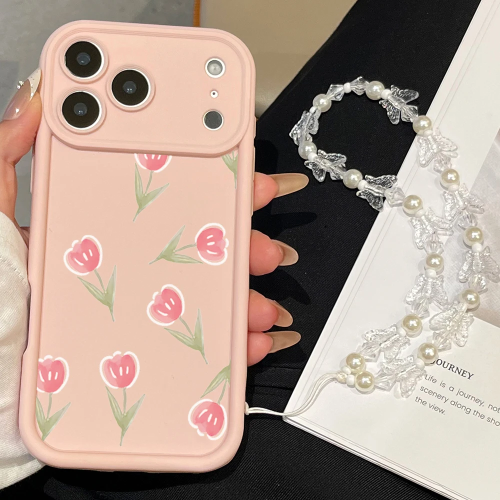 Funda de teléfono con diseño de flores de tulipán rosa para iPhone 17 16 15 14 13 12 11 Pro Max 16e 17Air X XR XS Max 7 8 Plus con funda con cordón - imagen 5