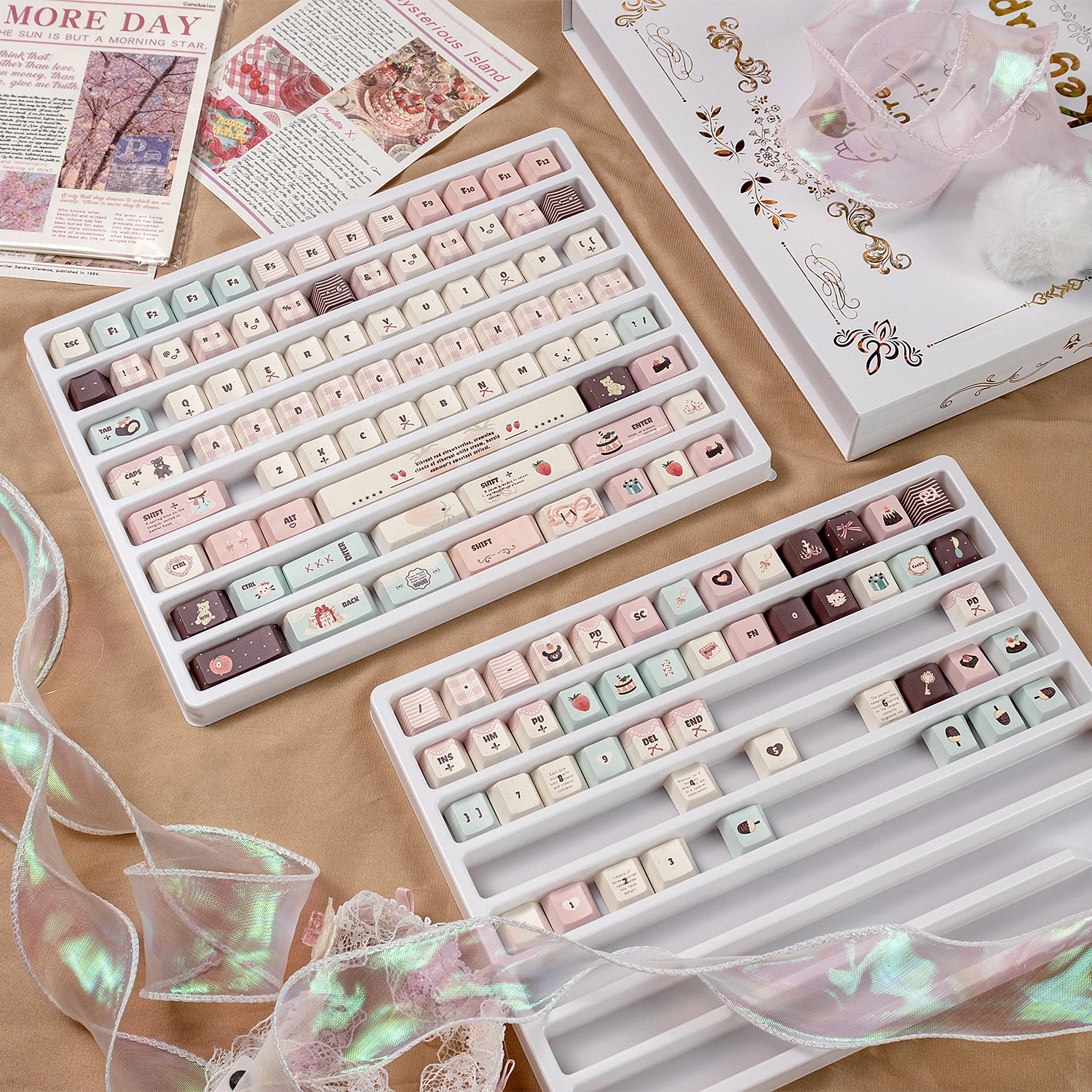 Juego de teclas con tema de fresa de terciopelo URE, teclas PBT + PC con perfil de cereza/MOA, teclas originales personalizadas hechas a mano para regalo de teclado mecánico - imagen 5