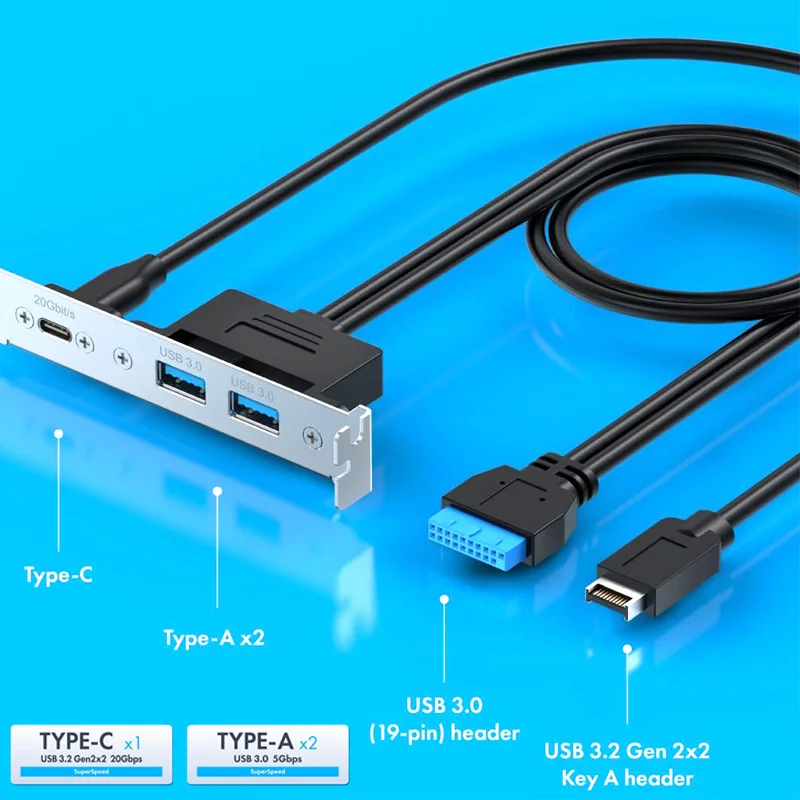 RGEEK 20Gbps USB3.2 USB-C 2x USB-A Cable adaptador de 5Gbps con cubierta de soporte PCI de altura completa, tipo E a USB-C, USB de 19 pines a 2 USB-A - imagen 4