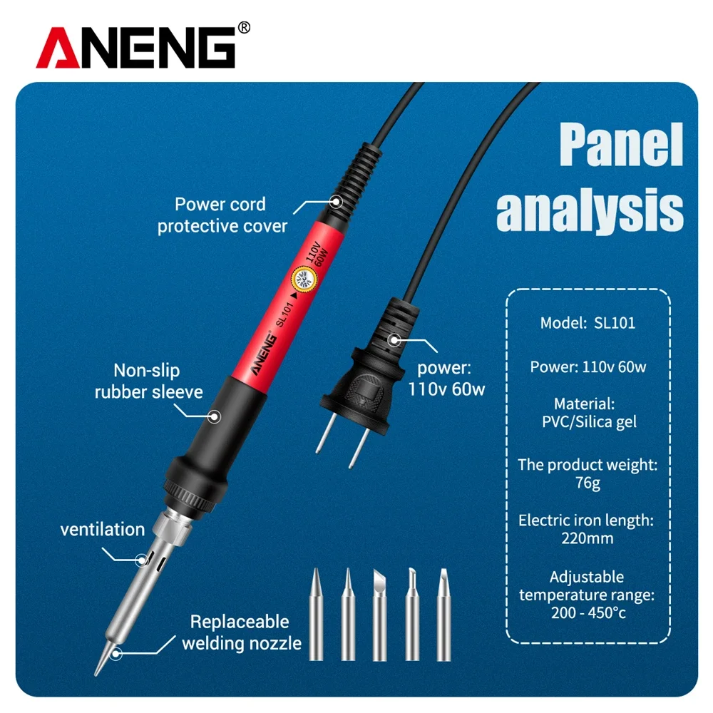 ANENG-Kit de soldador eléctrico Digital SL101, 60W, temperatura ajustable, 220V, 110V, herramienta de soldadura, calentador de cerámica, puntas de soldadura - imagen 5
