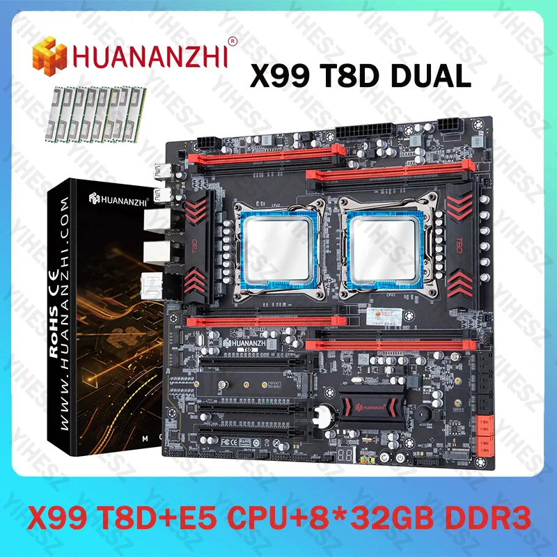 HUANANZHI X99 Juego de placa base de CPU dual procesador LGA 2011-3 E5 V3/V4 CPU * 2 8*32G = 256GB DDR3 1866Mhz compatible con M.2 NVME NGFF T8D