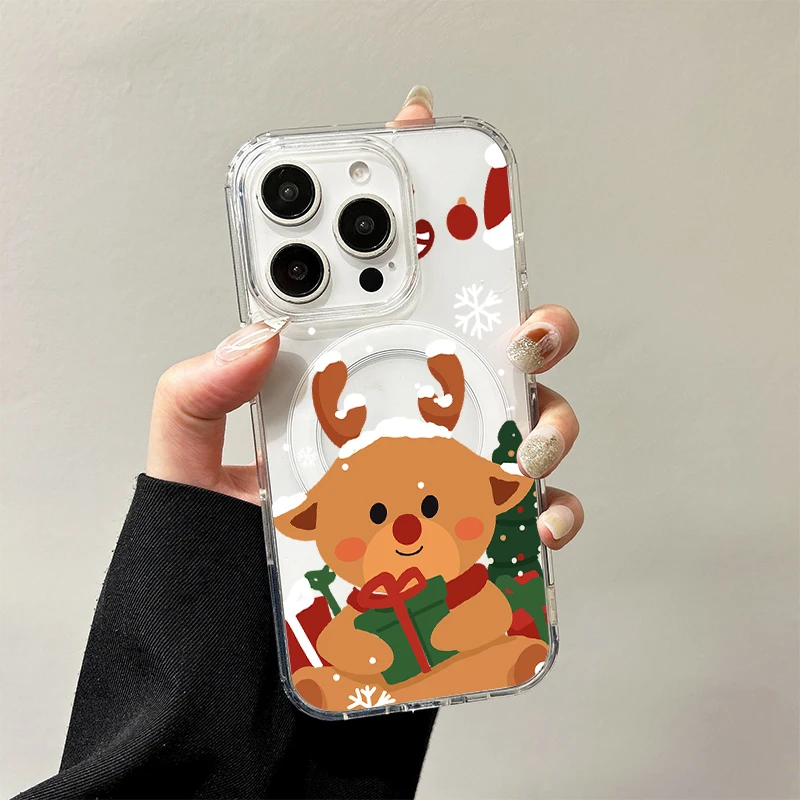 Bonita funda de carga inalámbrica de Papá Noel para iPhone 17 Air 16 E 15 14 Plus 13 12 Mini 11 Pro Max cubierta de borde de silicona transparente