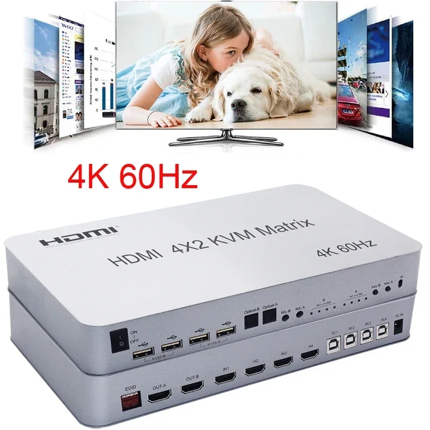 4K 60Hz 4x2 HDMI KVM Matrix HDMI interruptor divisor 4 en 2 salida PC a TV pantalla Dual soporte USB teclado ratón Control 4 ordenador - imagen 2