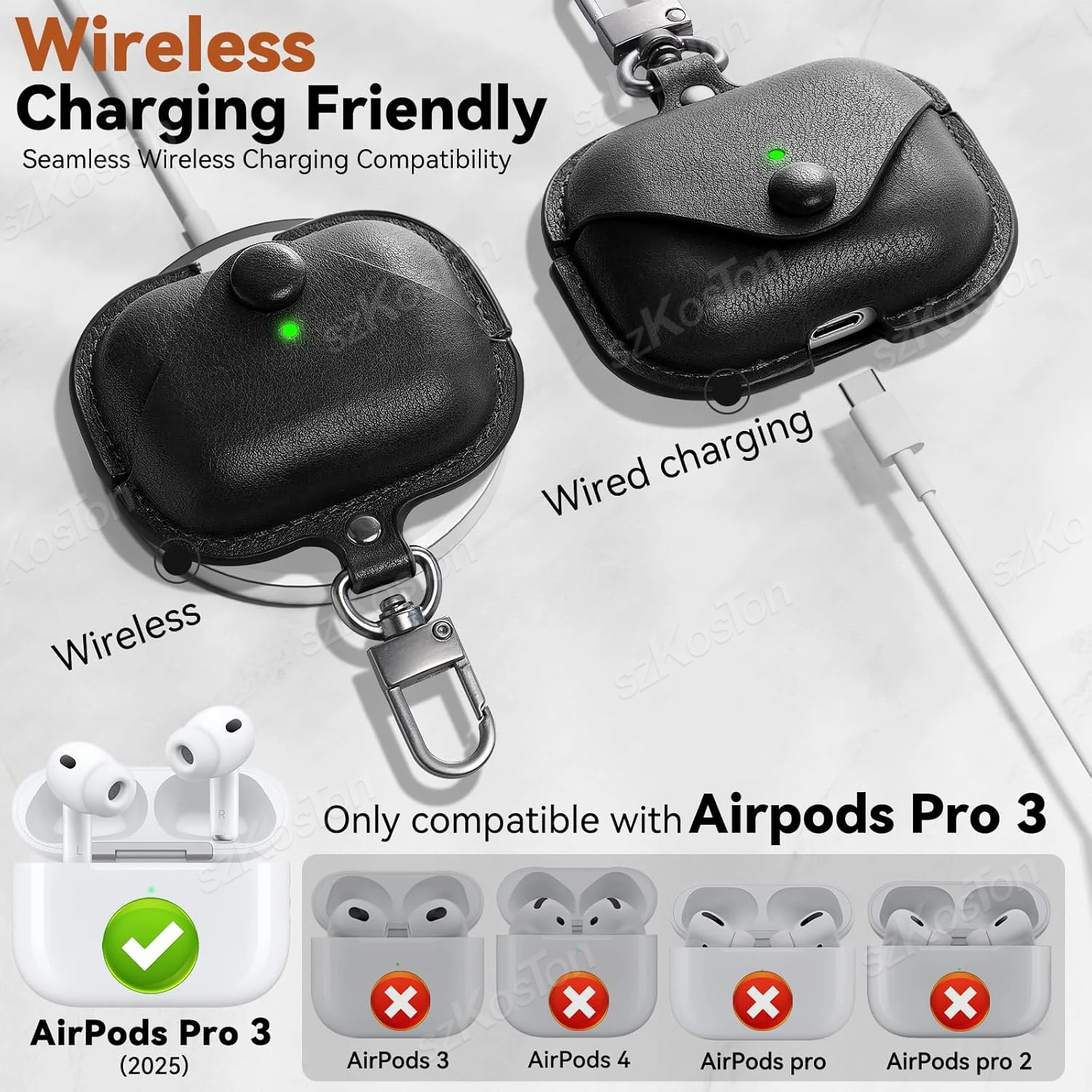 Funda de cuero para Airpod Pro 3, funda protectora de carga inalámbrica para auriculares con llavero para accesorios Airpods Pro 3 - imagen 2