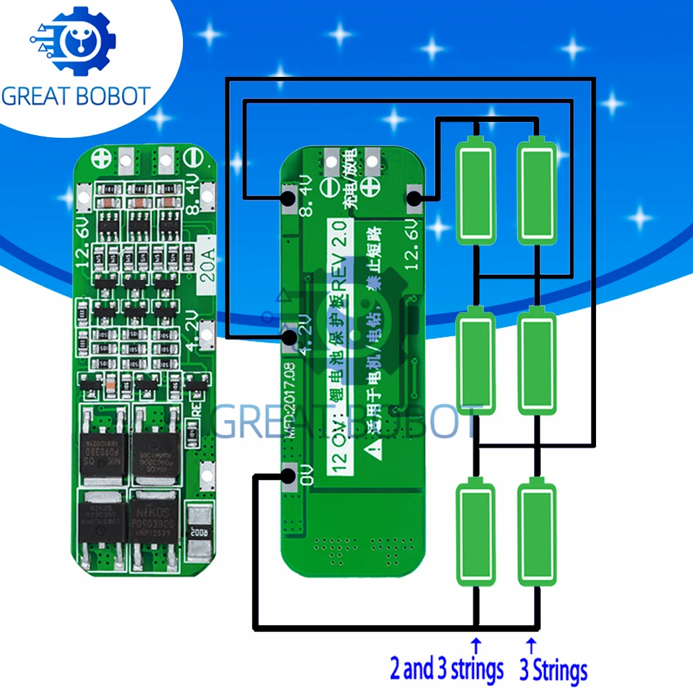 Ideal para motores de taladro-BS 3S 20A 18650 Li-ion cargador de batería de litio PCB con protección BMS, módulo de celda Lipo de 12,6 V (64x20x3,4 mm