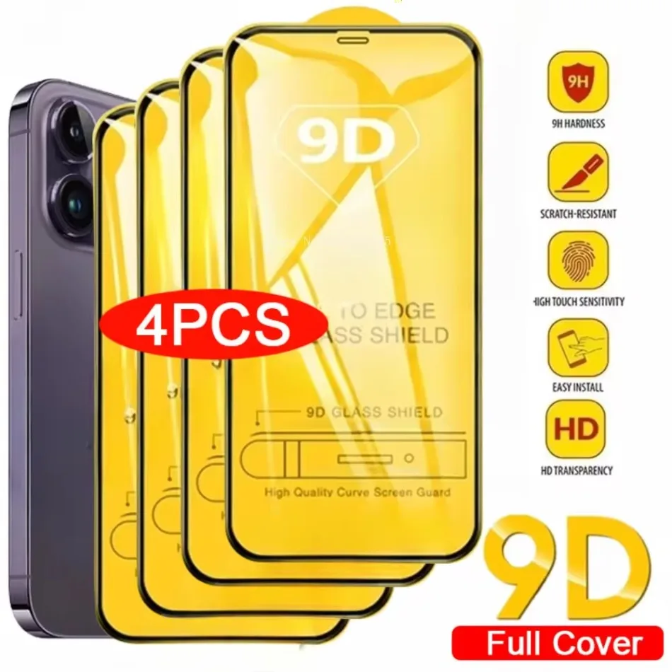 Cubierta completa de vidrio templado 9D para iPhone, Protector de pantalla para iPhone 16, 11, 12, 13, 14, 15 Pro Max, 16, 15 Plus, 13 Mini, XR, XS MAX, 4 unidades