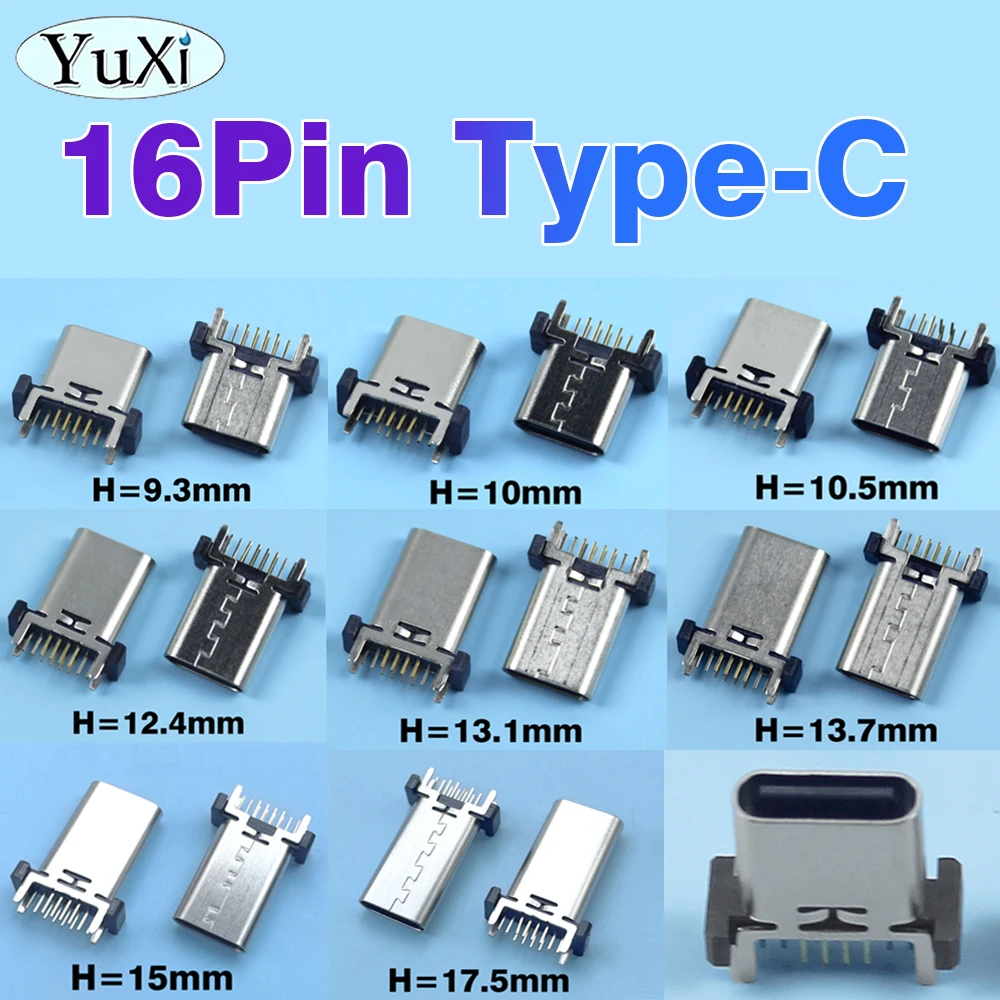 Conector USB tipo C hembra Vertical, 2 piezas, 16 Pines, 180 grados, 16P, H9.3/10/10.5/12.4/13.1/13.7/15/17.5mm, reparación