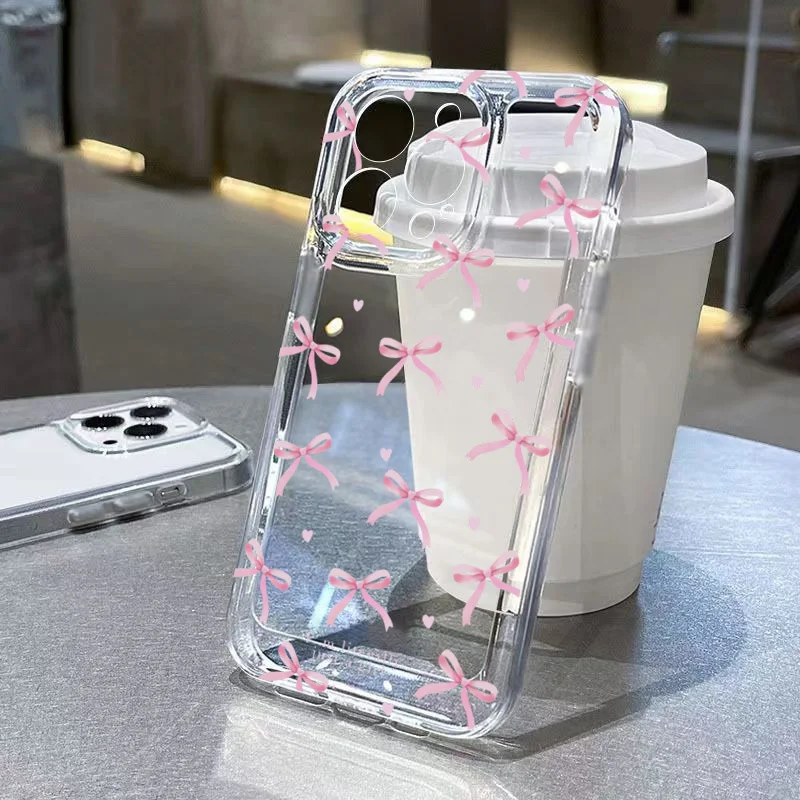 Funda de teléfono de TPU con bonito lazo rosa coreano para iPhone 16 16E 15 14 13 12 11 Pro Max XR Max 7 8 16 Plus SE2 cubierta transparente a prueba de golpes - imagen 4