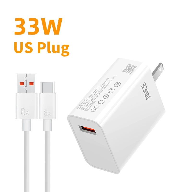Cargador USB de 33W de carga rápida, cargador de pared con enchufe UE/EE. UU., Cable tipo C 6A para Xiaomi Redmi K30 K40, adaptador de teléfono de carga rápida para iPhone - imagen 4