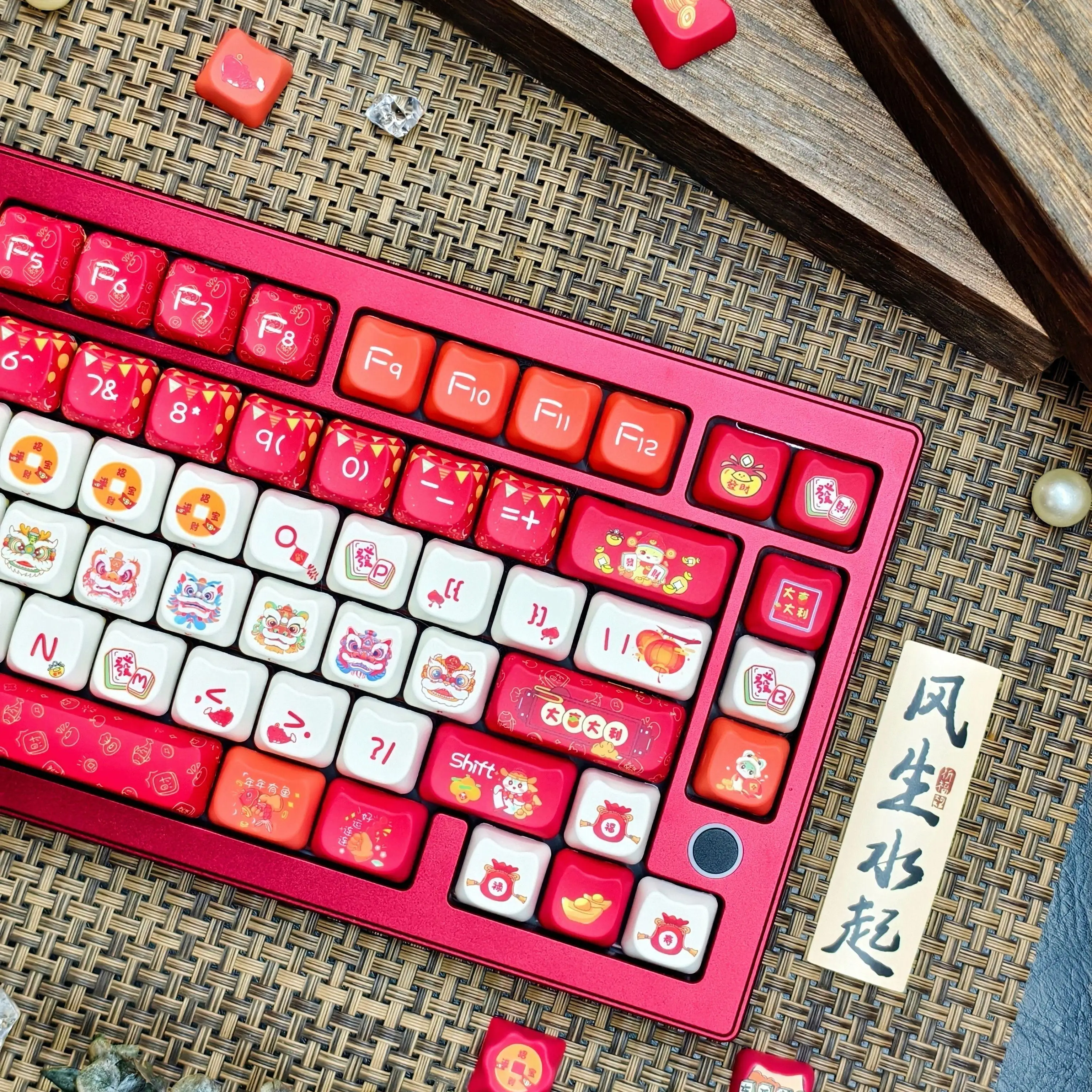 Juego de teclas con tema rojo de Año Nuevo, perfil MAO, lindas teclas con orejas de gato, sublimación térmica PBT, danza del león, teclas de teclado mecánico - imagen 5