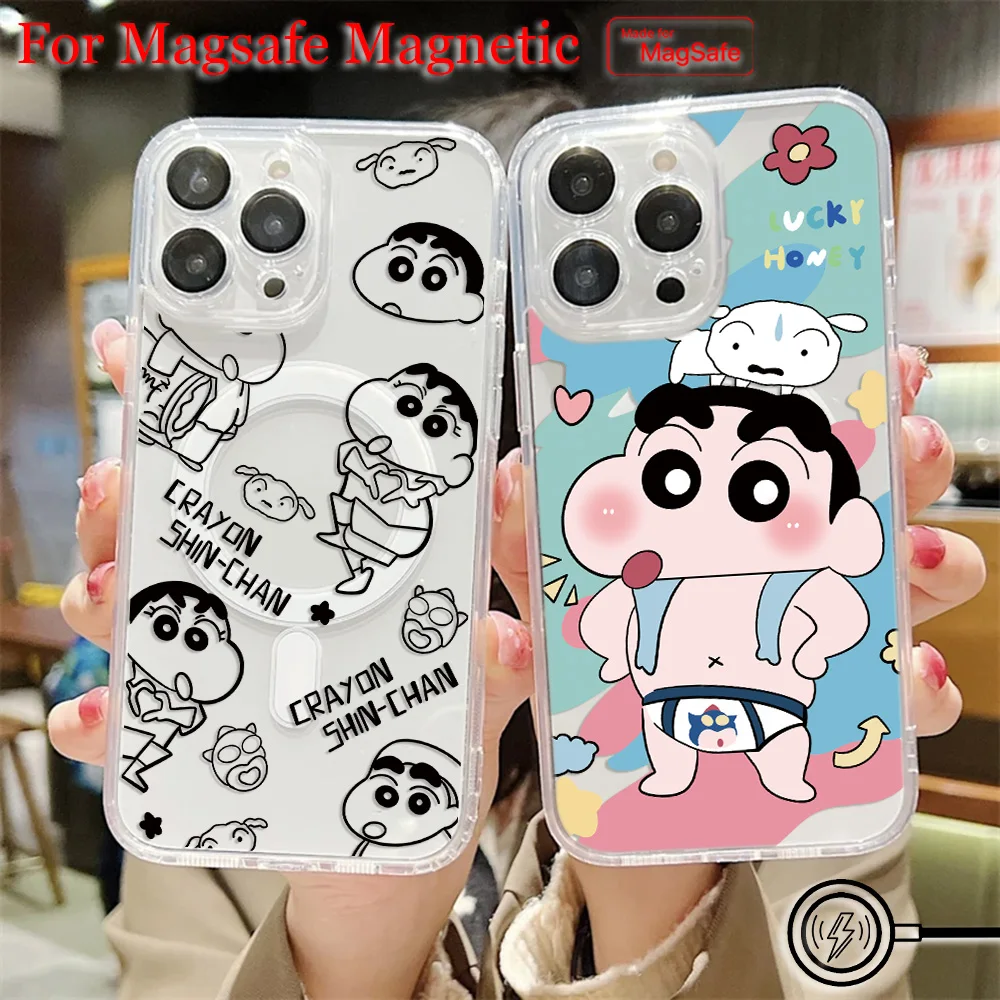 Funda de teléfono magnética Magsafe con crayones de Anime Shin-chans para iPhone 16 15 14 13 12 11 8 Plus Pro Max X XR XSMax, funda de Tpu transparente suave - imagen 3