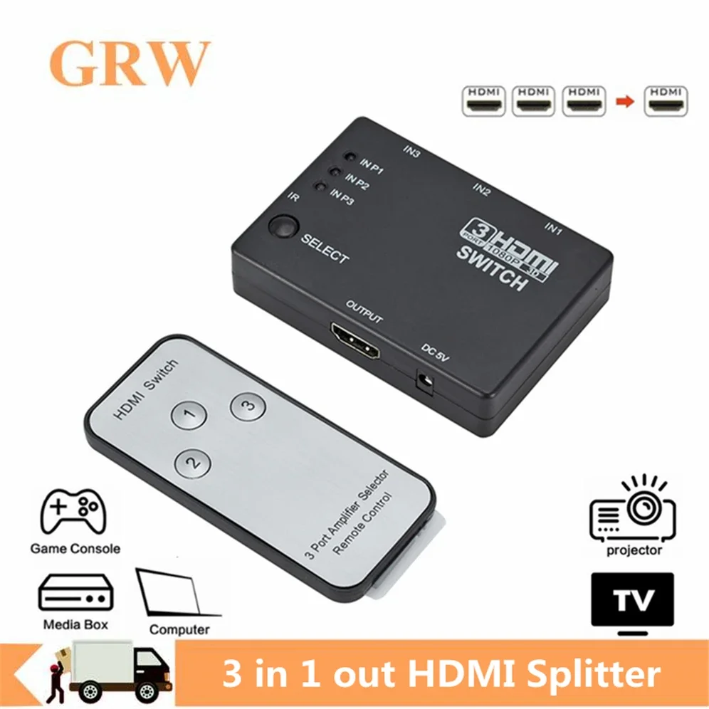 Conmutador HDMI GRWIBEOU 3 en 1 salida 3 puertos divisor HDMI caja de interruptor Hub 1080p HD 1,4 con control remoto para proyector de DVD HDTV XBOX360