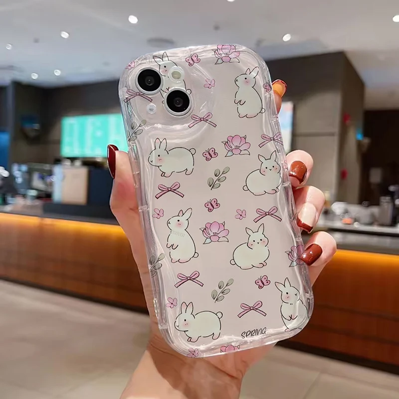 Funda con patrón de conejo para iPhone 12 11 Pro Max 8 7 6 6s Plus XS Max XR X SE 2020 13 12 Mini 3D Girl Rose Lotus Leaves Cover - imagen 3