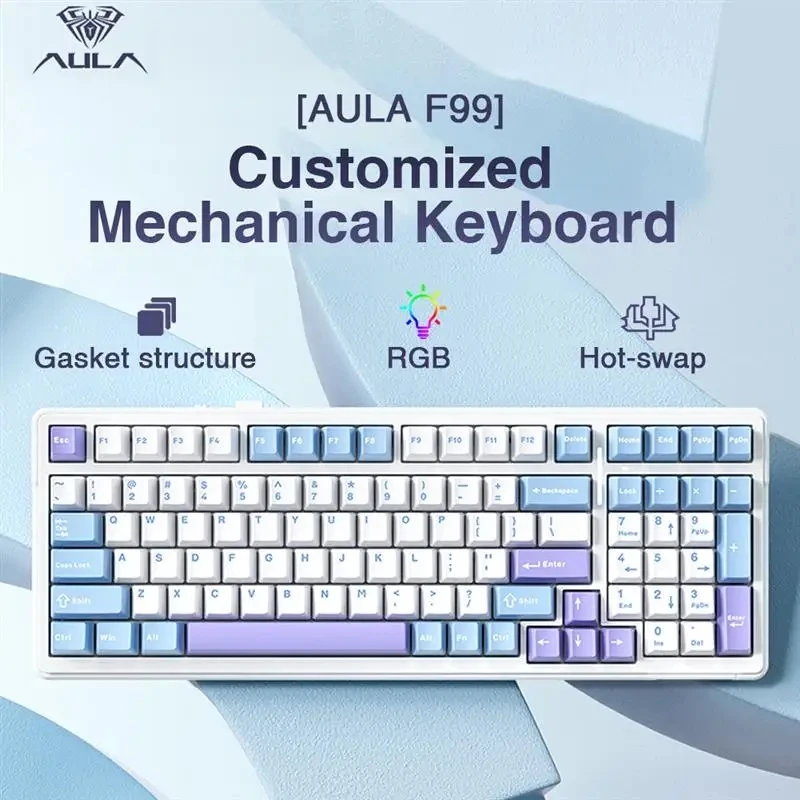 Aula F99 Teclado mecánico para juegos tres modos 2,4g inalámbrico Bluetooth con cable intercambio en caliente junta PBT RGB para PC portátil Gamer 99 teclas