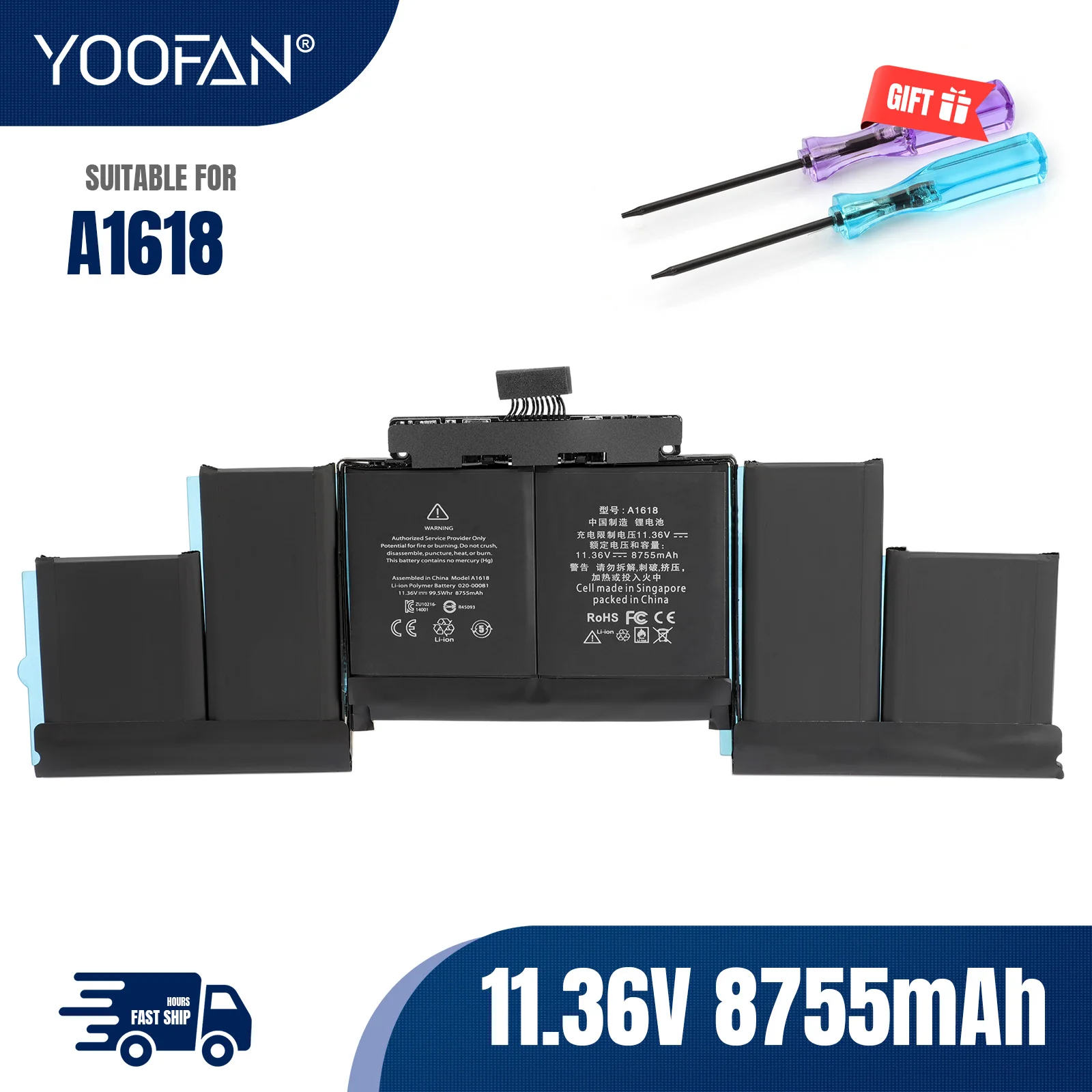 YOOFAN-batería A1618 para Apple MacBook Pro, 11,36 V, 99.5Wh, Retina de 15 pulgadas, A1398, año 2015, 020-00079, MJLQ2LL/A, MJLT2LL/A con herramientas