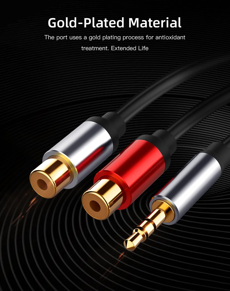 Cable de audio estéreo con conector chapado en oro, adaptador de audio macho de 3,5 mm a hembra 2RCA, compatible con altavoces estéreo