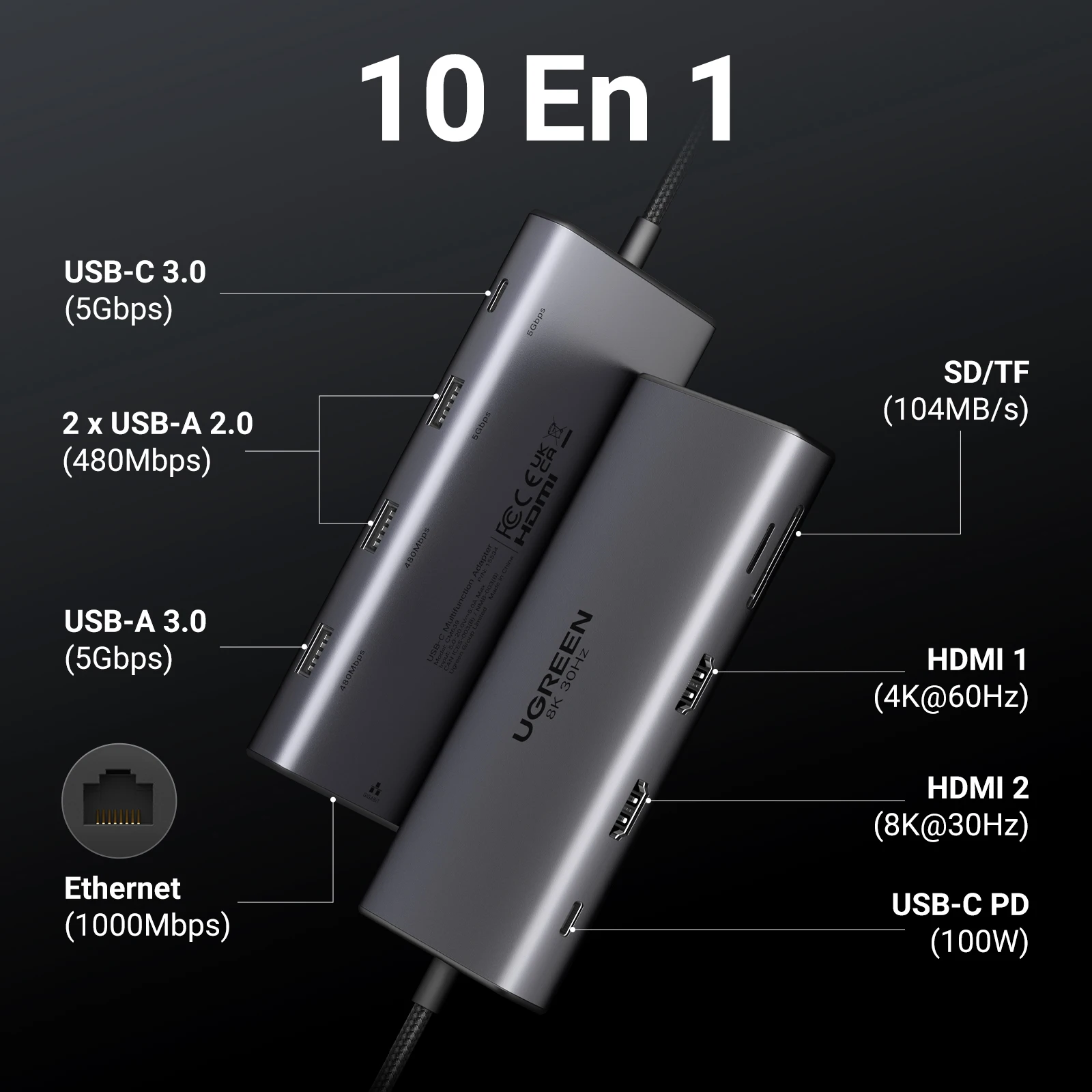 UGREEN Dual HDMI USB-C HUB 8K 4K HDMI Adaptador 10 en 1 Divisor con RJ45 USB3.0 PD 100W Dock para MacBook Pro Air Laptop USB HUB - imagen 2