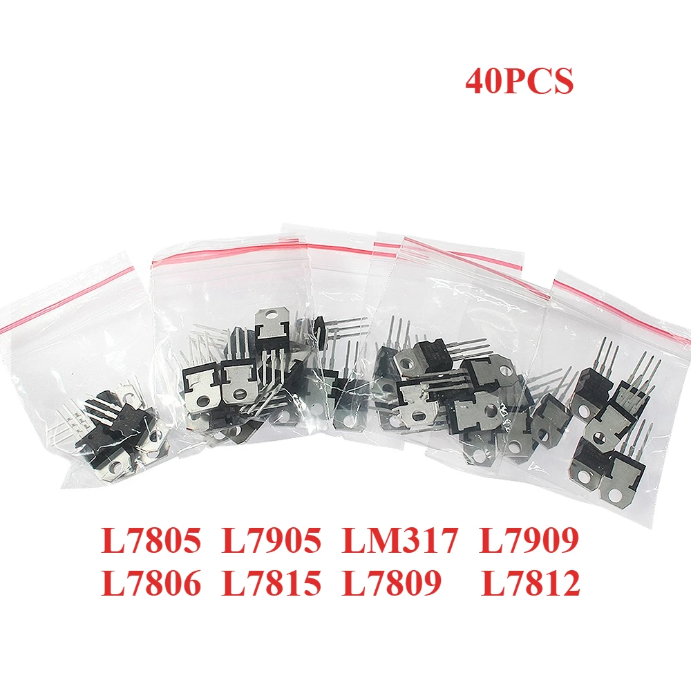 Kit de transistores Mosfet de 40 Uds L7805 L7905 LM317 L7909 L7806 L7815 L7809 L7812 TO-220 Kit surtido de transistores reguladores de voltaje