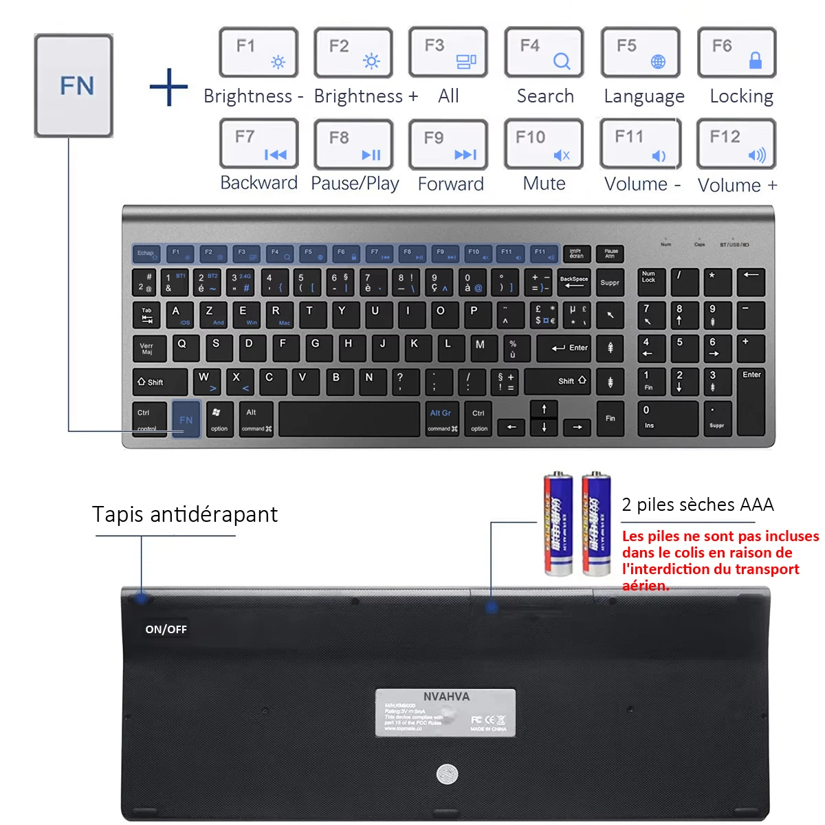 Teclado francés inalámbrico con diseño AZERTY, teclado Bluetooth ultradelgado de modo Dual de tres canales para PC, Windows, IOS, Mac y Android - imagen 2