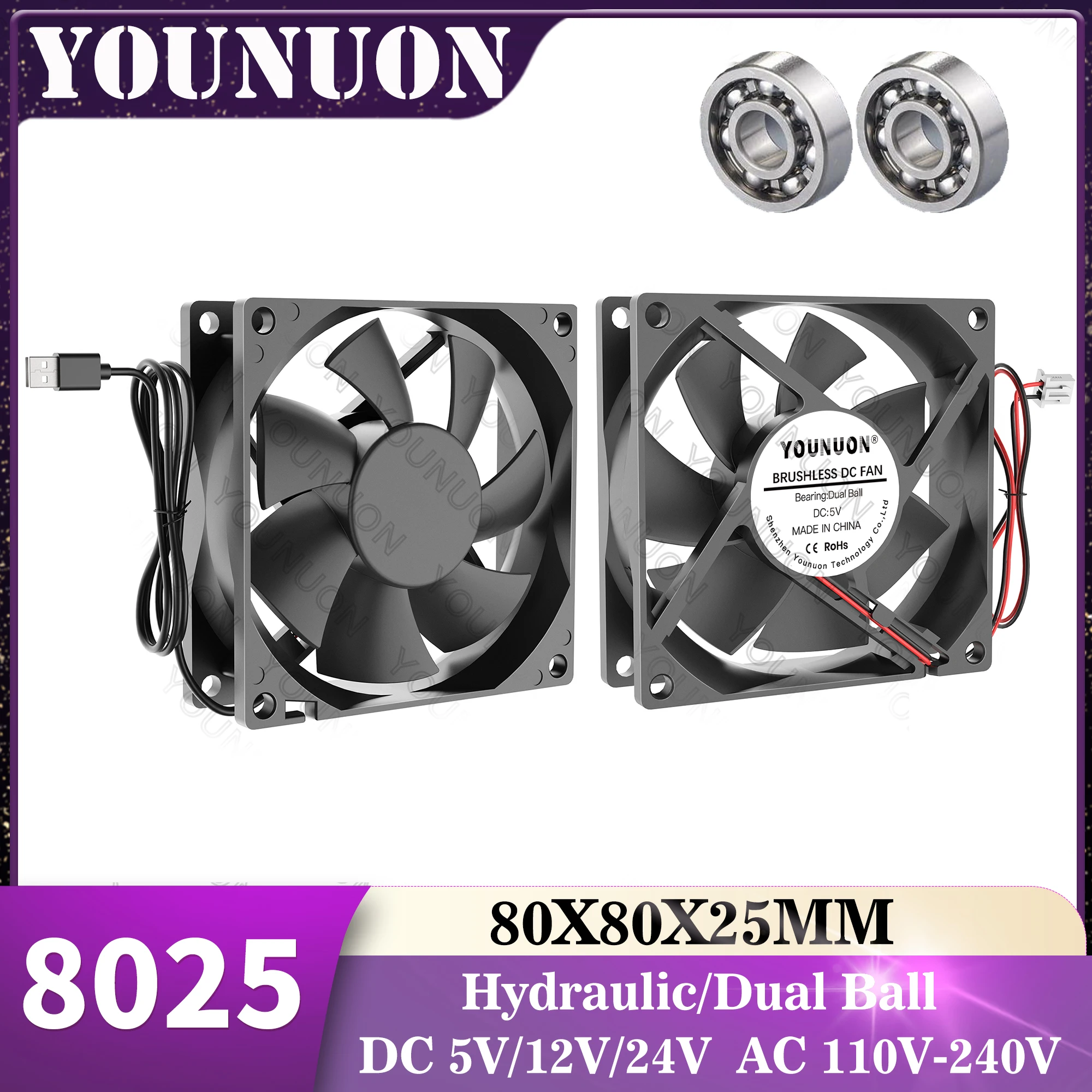 YOUNUN 80mm 8025 80X80X25MM ventilador de refrigeración 5V/12V/24V DC ventilador enfriador sin escobillas 8025 manga y ventilador Axial de doble rodamiento de bolas