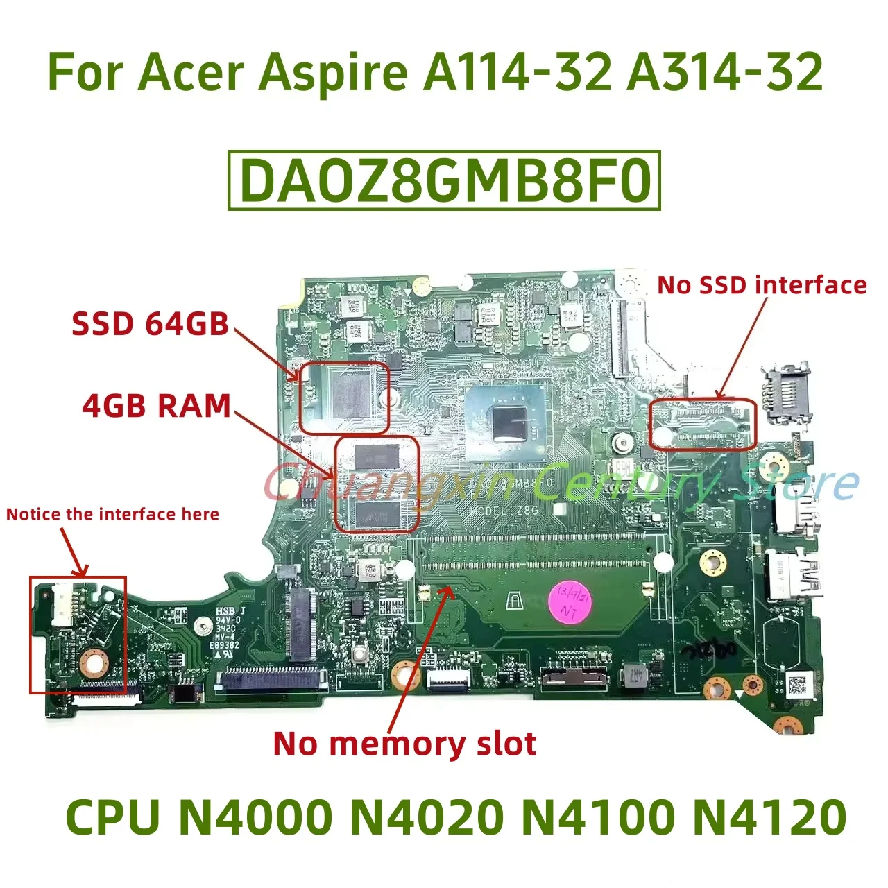 DA0Z8GMB8F0 DA0Z8GMB8D0 DA0Z8GMB8E0 placa base para Acer Aspire A114-32 A314-32 A315-32 portátil N4000/N4100 CPU 4G RAM 64G SSD