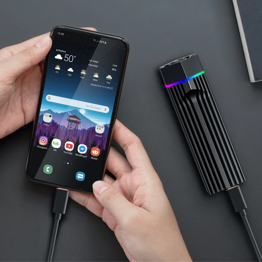 Adaptador externo RGB M.2 NVME PCI-E a USB3.1 Gen2 tipo C JMS583 carcasa SSD externa de 10Gbps con ventilador de refrigeración para Windows/Linux - imagen 4