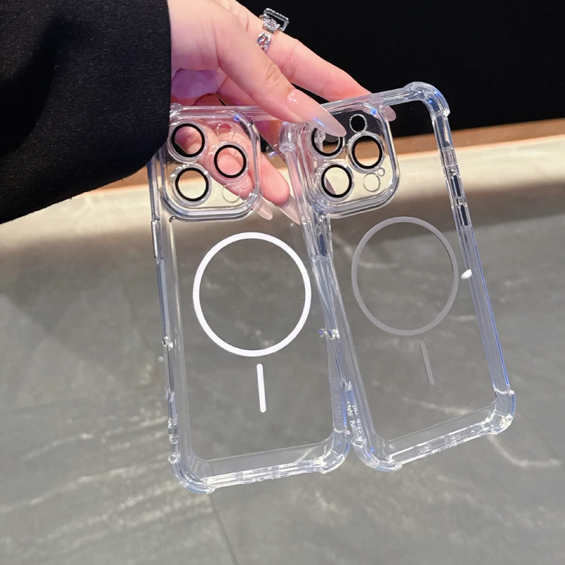 Para Magsafe magnético cuatro esquinas Anti caída HD transparente funda de teléfono para iPhone 16 Pro Max 14 11 12 13 15 Pro Max cubierta de parachoques - imagen 4