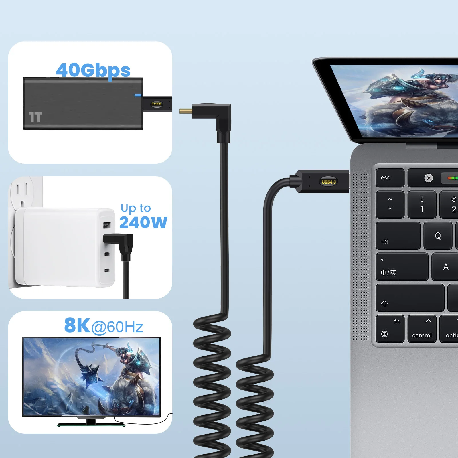 Cable retráctil USB4 de doble puerto tipo C con resorte, 240W (48V/5A), 8K, 60Hz, Cable para ordenador portátil Thunderbolt, 40Gbps, PD Coaxial de alta velocidad, 1,2 m - imagen 2