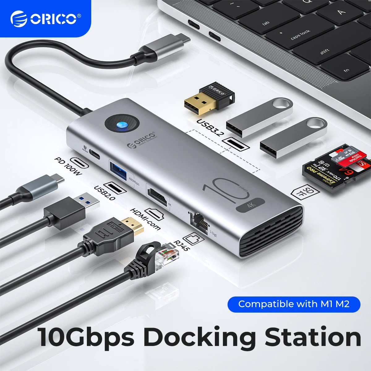 ORICO-estación de acoplamiento tipo C de 10Gbps, 4K60Hz, compatible con HDMI, USB 3,0, 2,0 HUB, RJ45, PD100W, adaptador, lector de tarjetas para accesorios de ordenador portátil - imagen 2