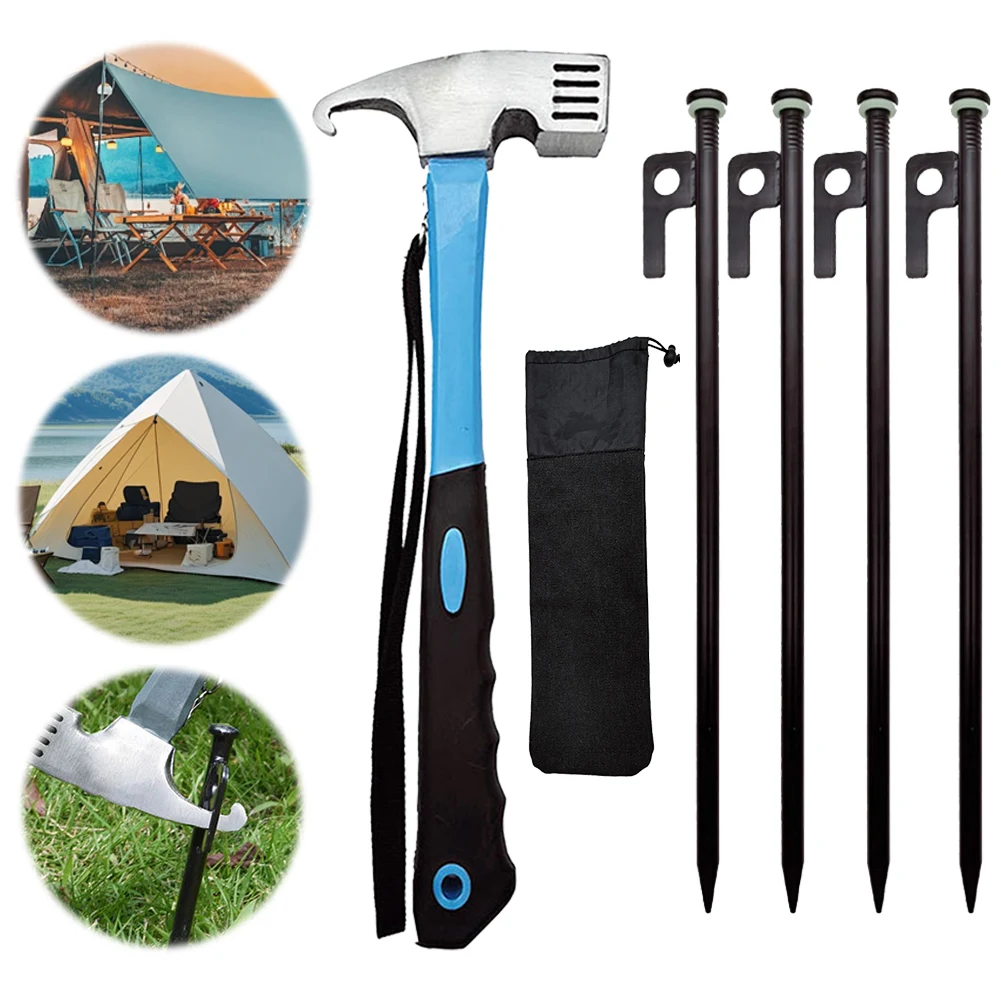 Clavijas de acero forjado para tienda de campaña, accesorio de alta resistencia e irrompible con bolsa de almacenamiento y Martillo para Picnic y acampada, 4 piezas - imagen 4