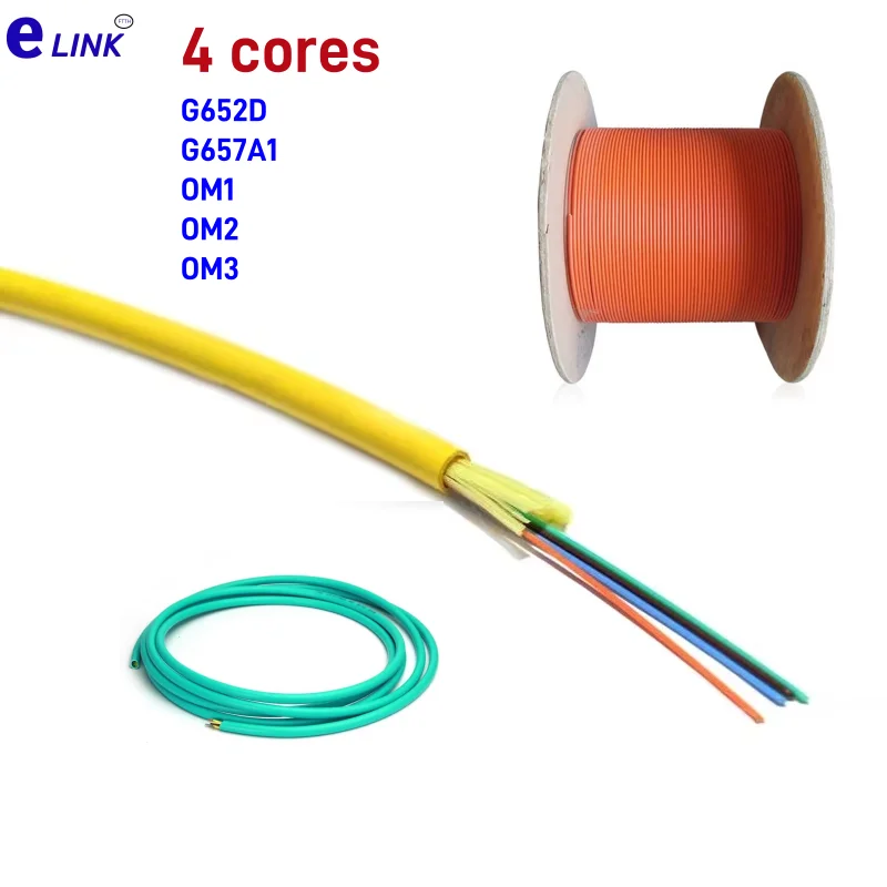 Cable de fibra óptica paquete de 4 núcleos GJFJV-4 interior G652D G657A1 OM1 OM2 OM3 OM4 50/125 62.5/125um SM MM 4 cables de fibras ELINK 100Mtr